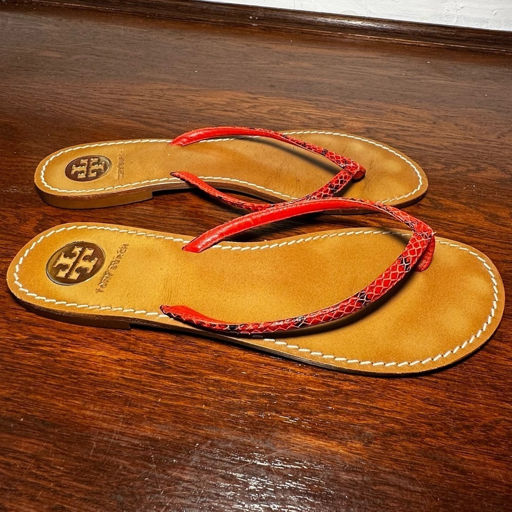 Tory Burch Red Snakeskin Terra Thong Sandals Size 10 GUC